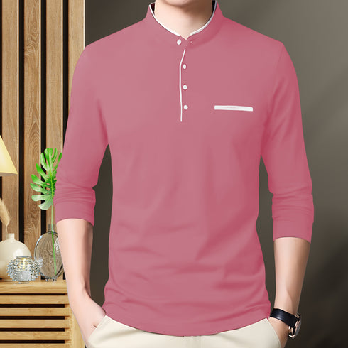 Men Peach Henley Full Sleeve T-Shirt